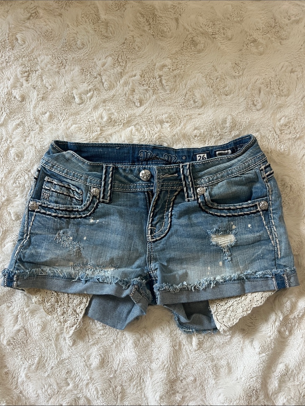 Miss Me Blue Distressed Denim Shorts with Lace Pockets size 26